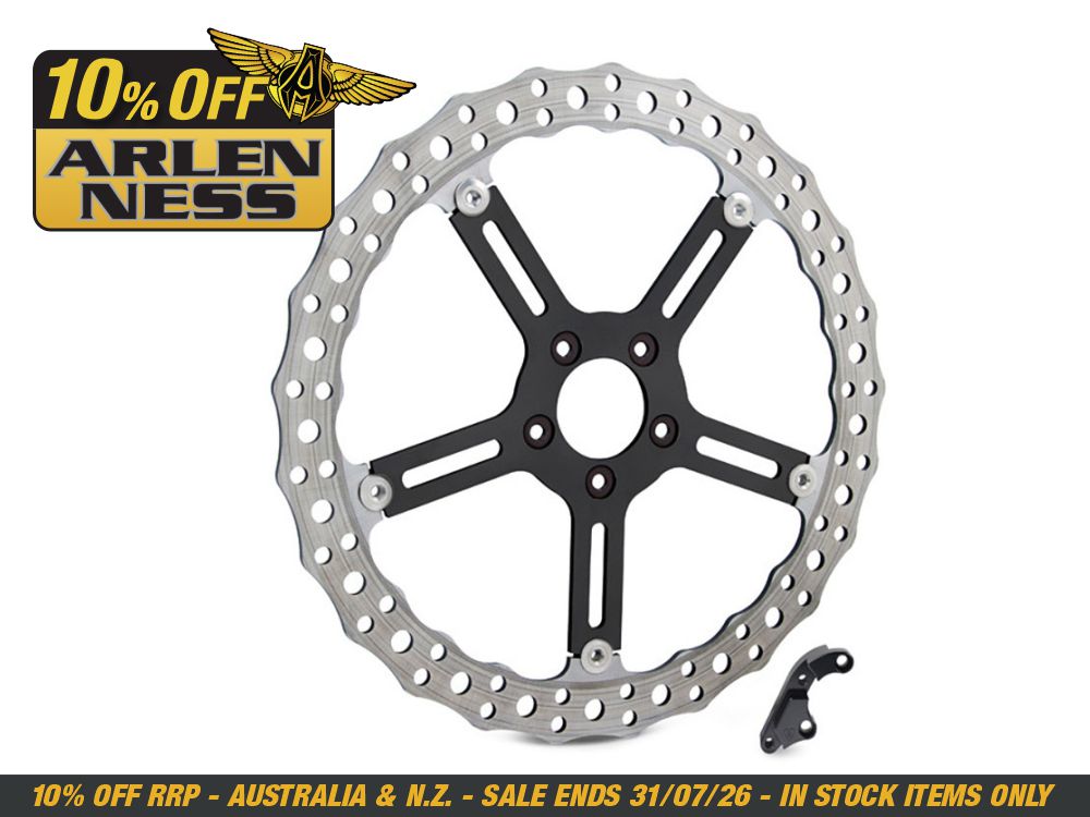 Arlen Ness 15in. Left Hand Front Jagged Big Brake Disc Rotor. Fits Softail Street Bob, Breakout & Low Rider 2018up & Standard 2020up.