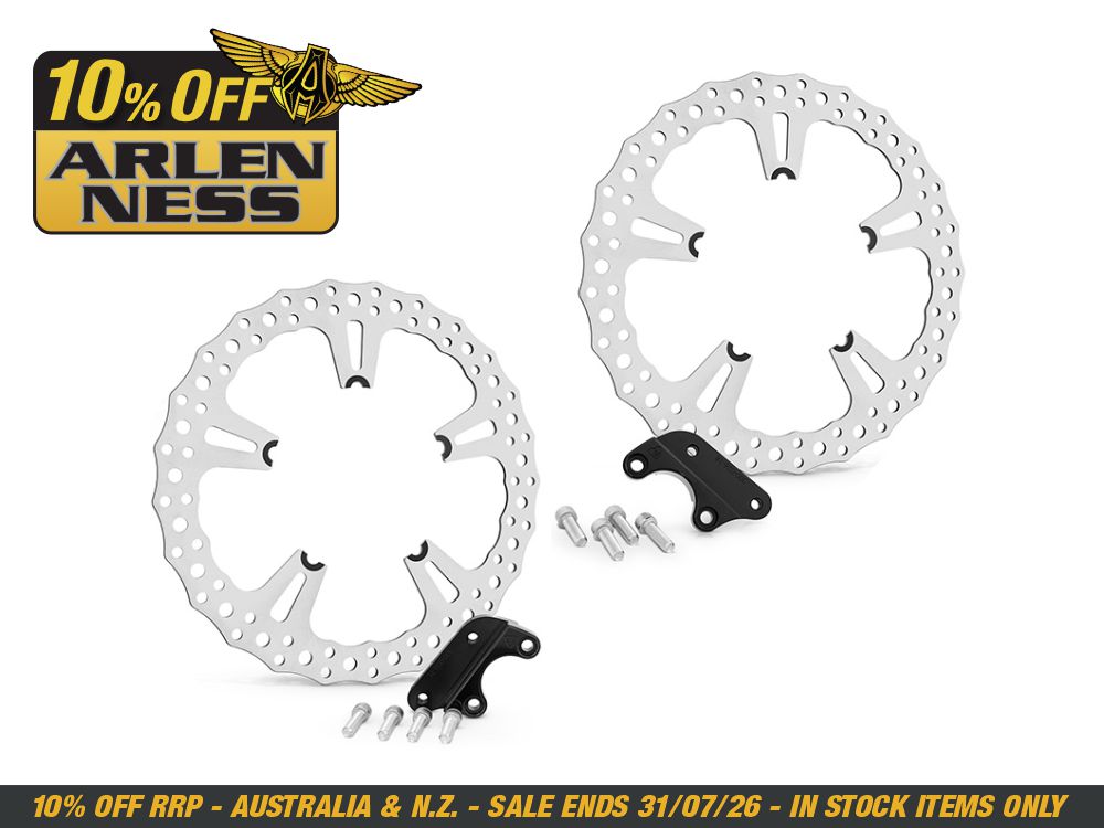 Arlen Ness 15in. Left & Right Hand Front Jagged Big Brake Disc Rotors. Fits V-Rod 2006-2017 with OEM Cast Wheel